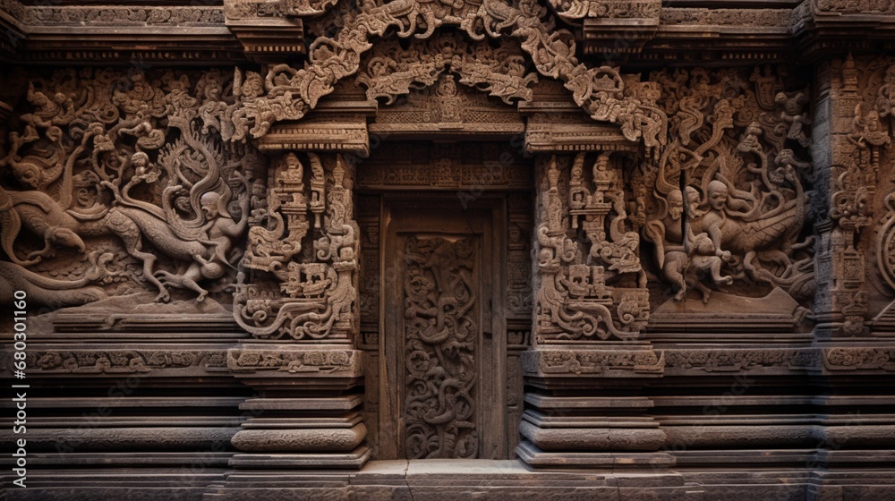 Highlight the intricate carvings on a wooden door of a traditional temple.
