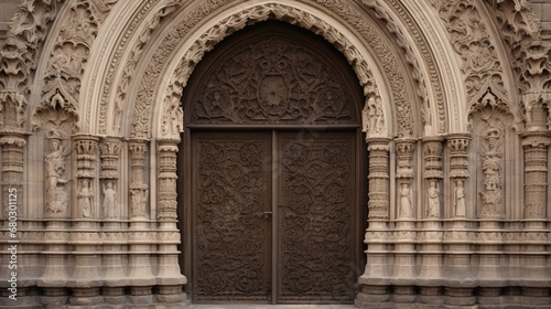 Highlight the intricate carvings on the door of an ornate cathedral.