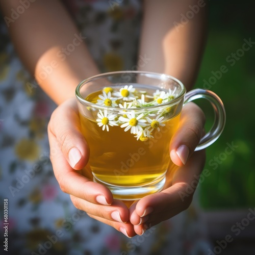 person holding a cup of chamomile tea. 