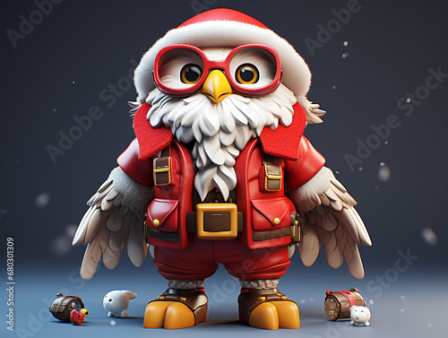 A Cute 3D Hawk Dressed Up as Santa Claus on a Solid Color Background
