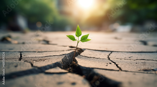 Green plant growing through the cracked concrete road, hope concept photo