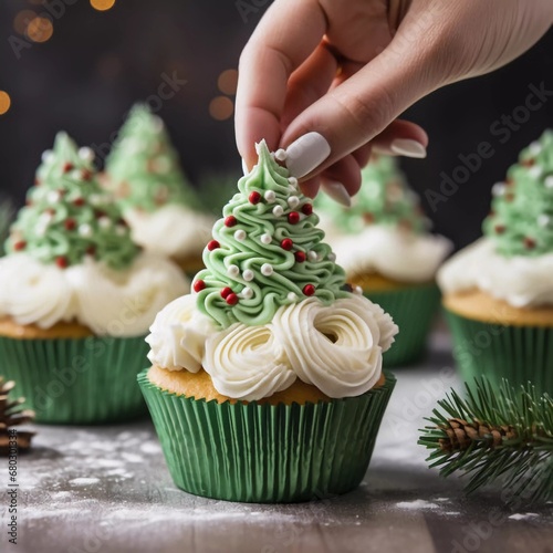 Cropped view of confectioner decorating Christmas tree cupcakes with green sweet cream near fir cones on table, AI generator