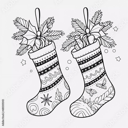 Mittens. Merry Christmas coloring page. Black and white background. Coloring book for children, AI generator