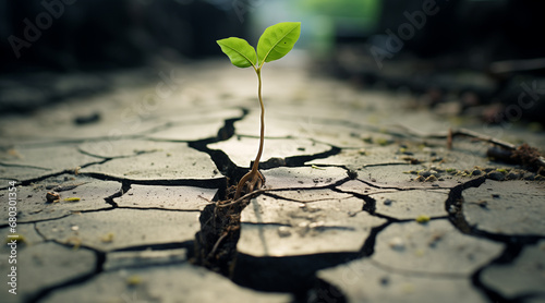 Green plant growing through the cracked concrete road, hope concept
