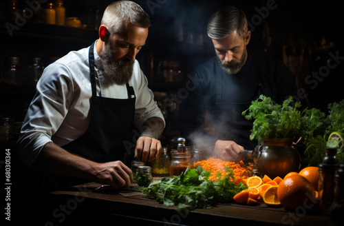 Two chefs preparing meals in a restaurant. Two men in aprons preparing food in a kitchen