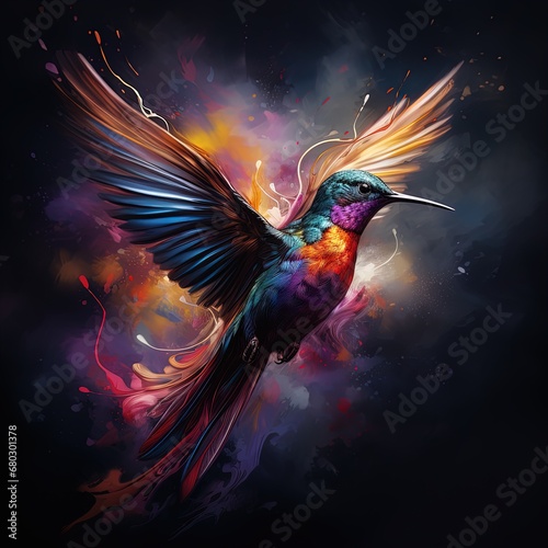 Vibrant flight: A hummingbird bursts through a kaleidoscope of colors, embodying nature's artistry. © Alex