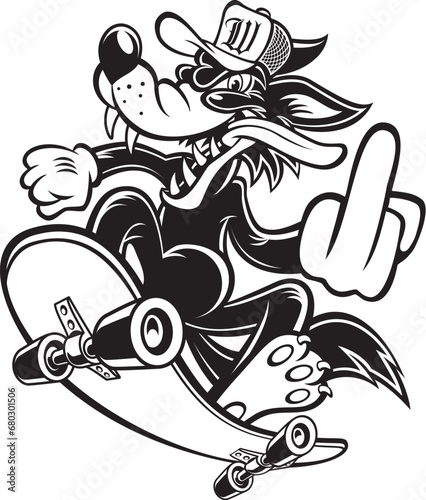 Cartoon style wolf on skateboard showing middle finger