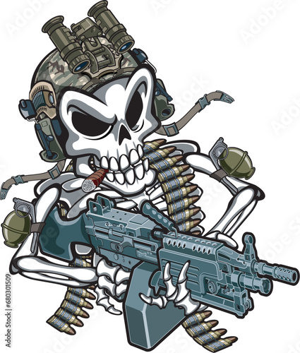 Cartoon style military  skeleton holding light machine gun