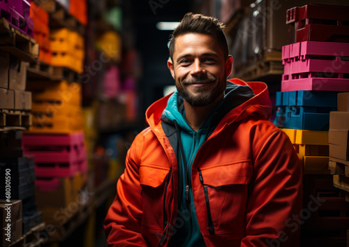 Warehouse worker standing. A man in a red jacket standing in a warehouse