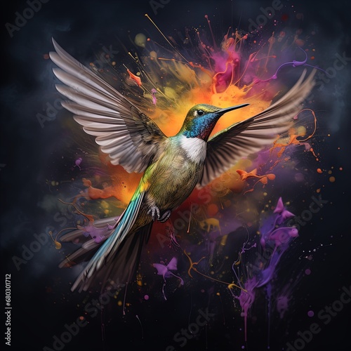 Vibrant flight: A hummingbird bursts through a kaleidoscope of colors, embodying nature's artistry.