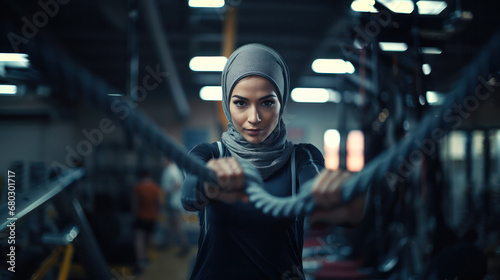 Strength in Diversity: Muslim Female Exercising at Gym with Headscarf, Engaging with Camera © raulince