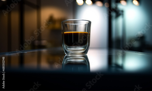 A Serene Morning: A Glass of Coffee on a Rustic Wooden Table. A glass of coffee sitting on a table