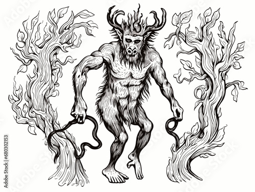 A Drawing Of A Creature With Horns And Antlers - mythologic satyr medieval bestiary. photo