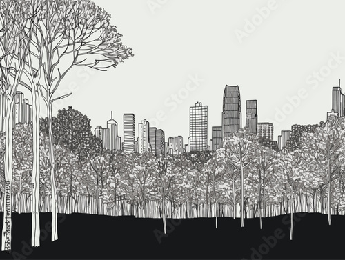 A Drawing Of A City With Trees - New York City - central park view to manhattan