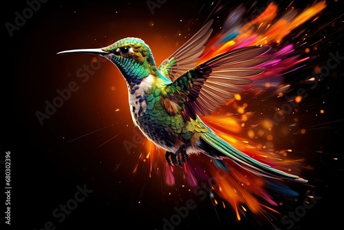 Drama in the air: A hummingbird emerges with wings wide against a fiery abstract backdrop. © Alex