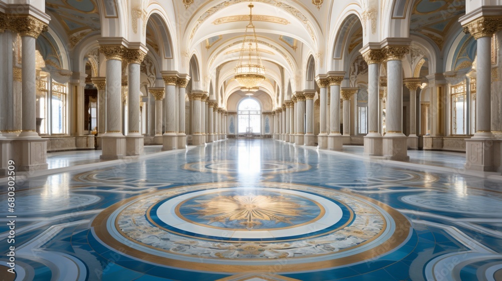 Marble Dreamscape: A wide-angle view of a marble floor in an architectural masterpiece.