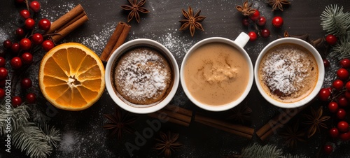Winter hot drinks flat lay photography top view texture. Winter holidays theme Horizontal photography. Horizontal For banners, posters, gift cads, advertising. AI generated.