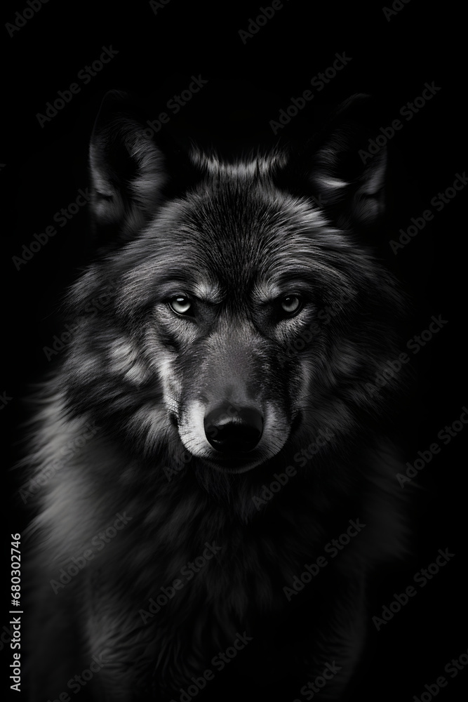 Close up black and white graphic image of a wolf isolated on a black background. Monochrome photo of wildlife. Design for greeting card, poster, print with copy space. Close up black and white graphic image of a wolf isolated on a black background. Monochrome photo of wildlife. Design for greeting card, poster, print with copy space.