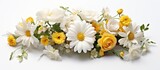 In a picture-perfect Summer scene, a bouquet of vibrant Flowers, from dainty yellow daisies to elegant white roses, blooms in a splendid display of natural beauty on an isolated white background