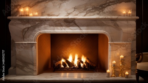 Marble Glow: Soft, warm lighting enhancing the natural beauty of a marble fireplace.