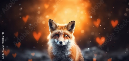 red fox with hearts in the background. 