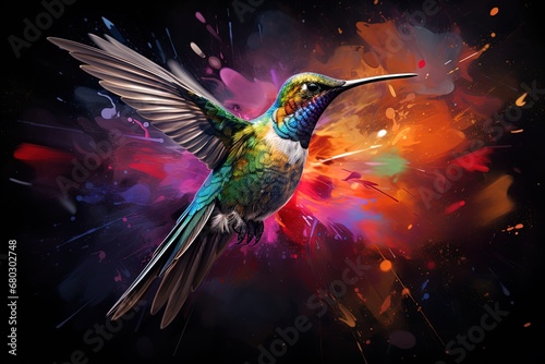 Vibrant flight: A hummingbird bursts through a kaleidoscope of colors, embodying nature's artistry. © Alex