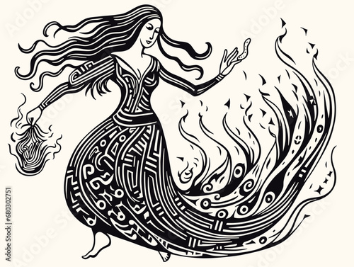 A Drawing Of A Woman In A Dress - pagan woman dancing and casting a spell.