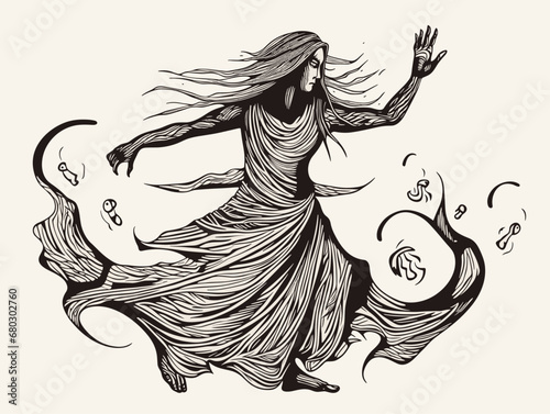 A Drawing Of A Woman In A Long Dress - pagan woman dancing and casting a spell.
