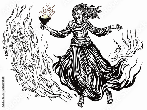 A Drawing Of A Woman Holding A Torch - pagan woman dancing and casting a spell.