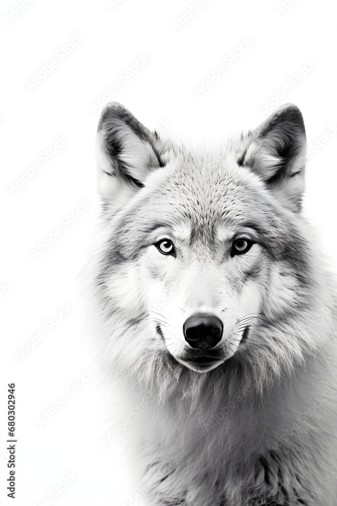 Monochrome photo of wildlife. Close up black and white graphic image of a wolf isolated on a white background. Design for greeting card, poster, print with copy space.