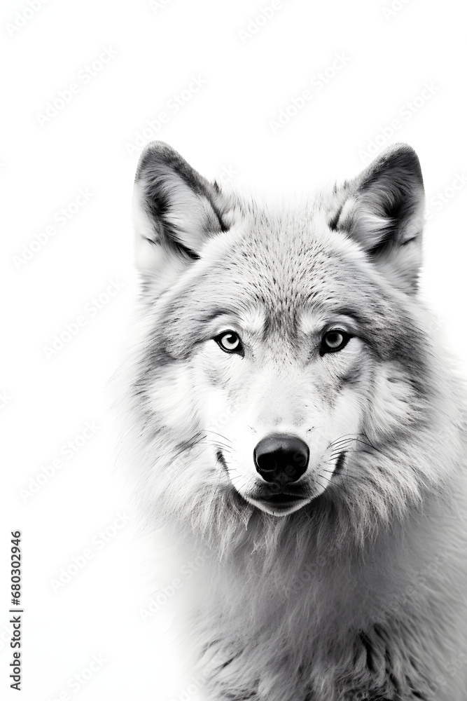 Obraz premium Monochrome photo of wildlife. Close up black and white graphic image of a wolf isolated on a white background. Design for greeting card, poster, print with copy space.