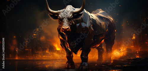 Stock market bull gold chart gold trading. A bull standing in the middle of a city at night