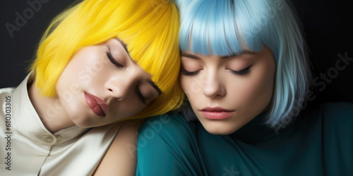 Generative AI illustration of two women with pastel yellow and blue hair resting their heads together in a serene moment photo