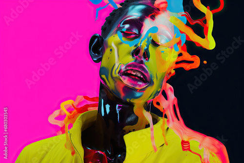 Generative AI of vivid portrait of man with colorful paint splashes photo