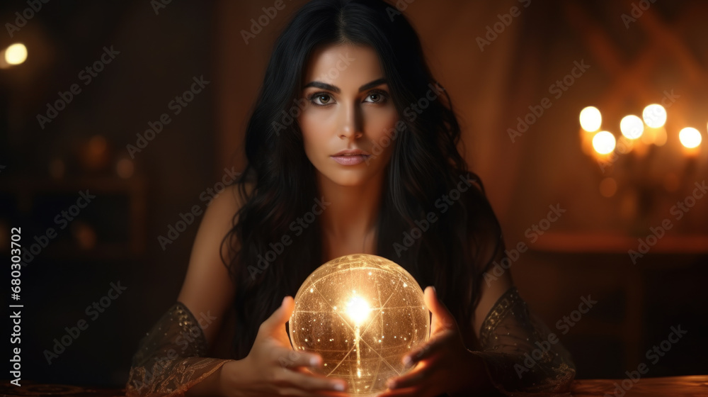 Naklejka premium Young female fortune teller holding her magical ball