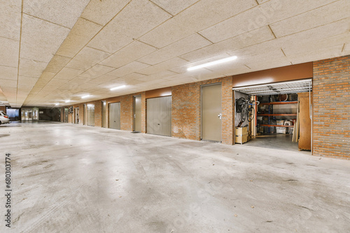 Empty corridor with storage rooms in industrial building photo