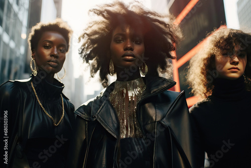 Generative AI of fashionable multiethnic trio in urban setting exuding confidence photo