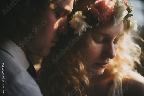 Generative AI of intimate moment between a wedding couple with a floral crown photo