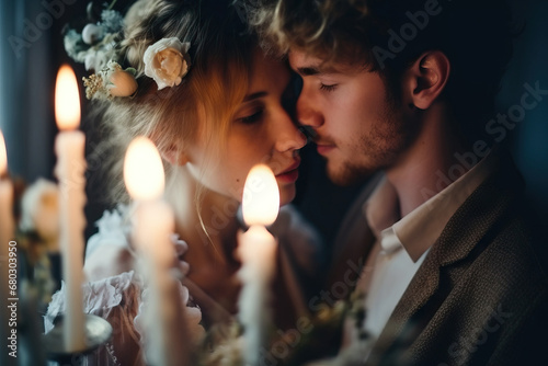 Generative AI of intimate wedding couple sharing a moment by candlelight photo