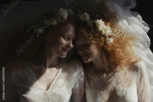 Generative AI of ethereal lesbian brides in soft natural light photo