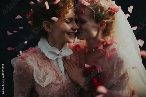 Generative AI of intimate moment between lesbian brides amidst falling petals photo