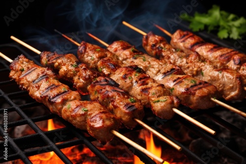 Cooking Skewered meat barbecue, charcoal-grilled kebab, outdoor skewer cooking, cut steak skewers,  photo