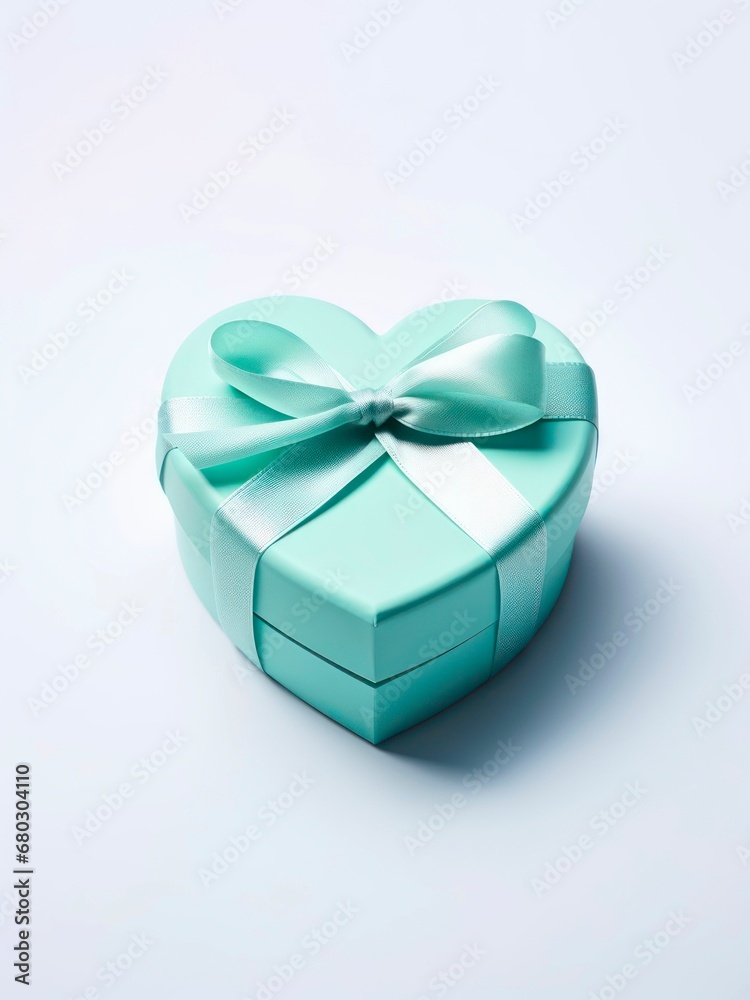 Fototapeta premium Blue heart shaped gift box with ribbon and bow.