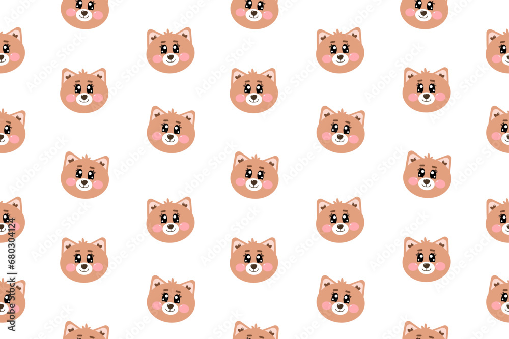 Obraz premium Seamless pattern with cute kawaii brown cat, kitty, kitten face, head for nursery, print or textile for kids. Vector cartoon illustration for baby, children