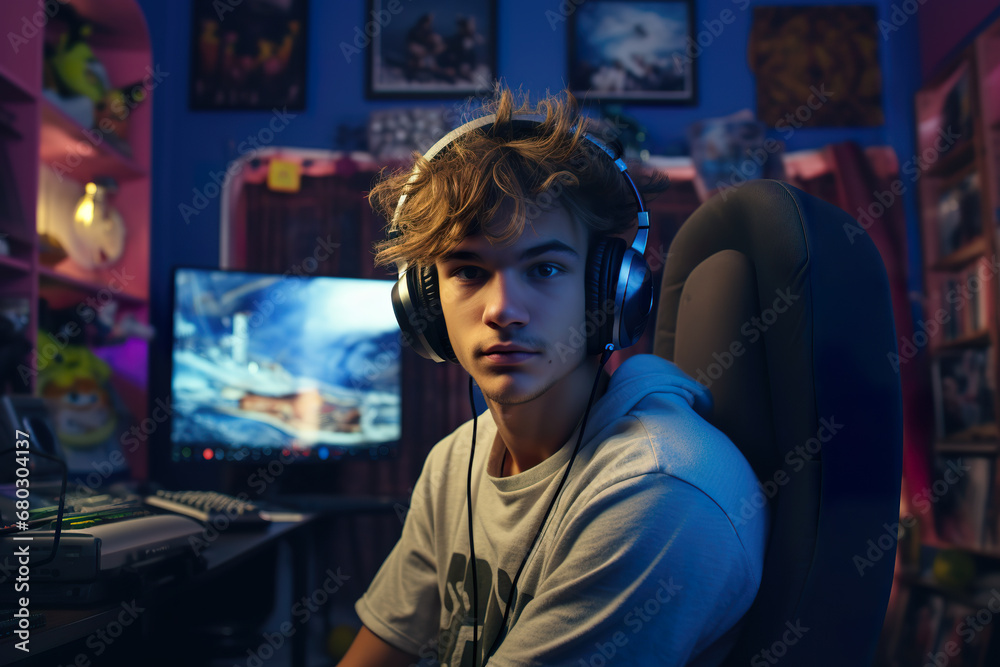 Generative AI illustration of young man immersed in a gaming session at night surrounded by neon lights and multiple computer screens Generative AI illustration of young man immersed in a gaming session at night surrounded by neon lights and multiple computer screens