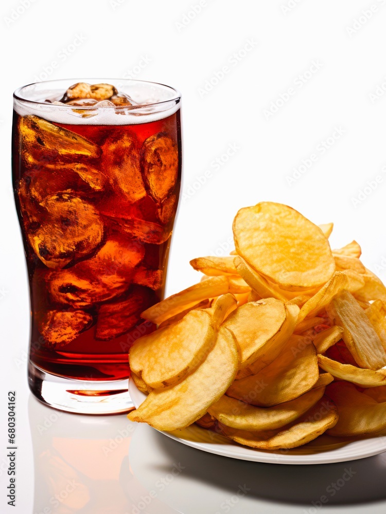 Potato chips and glass of cold cola on white background. Potato chips and glass of cold cola on white background.