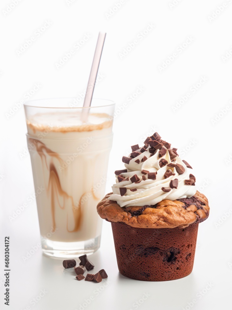 Glass of cold latte and chocolate cupcake with whipped cream frosting on white background. Glass of cold latte and chocolate cupcake with whipped cream frosting on white background.