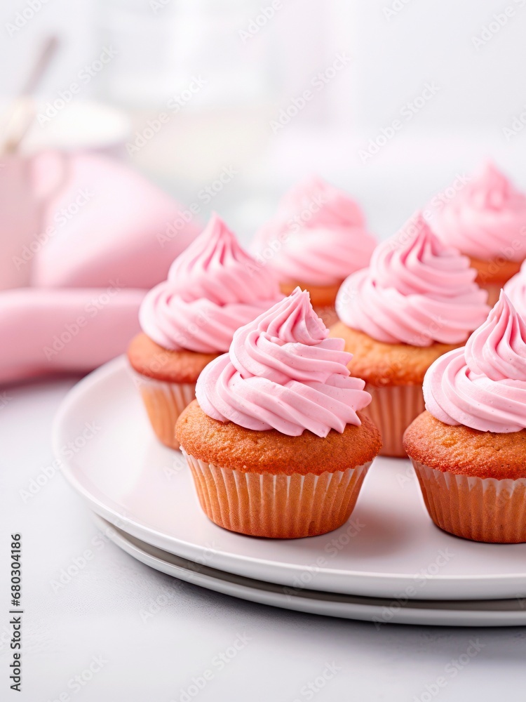 Plate of cupcakes with pink whipped cream frosting.