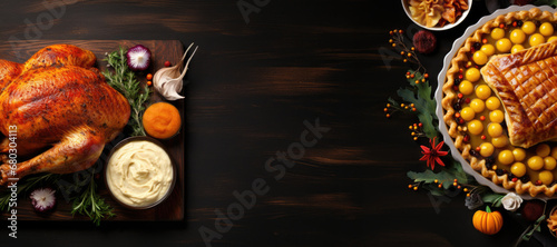 Roasted Thanksgiving Turkey and Fruit Pie on Festive Table
