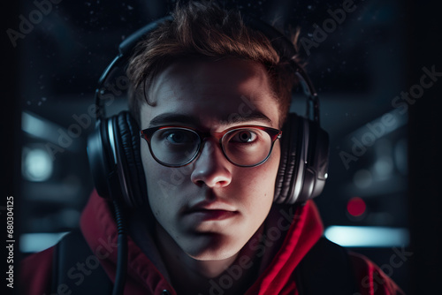 Generative AI illustration of focused gamer with headphones and glasses deeply engaged in an intense gaming session at night photo